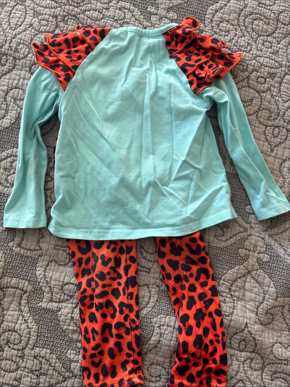 Girls' Turquoise Turkey Appliqué Set with Orange Leopard Ruffle Accents - Picture 3 of 3